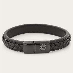 LUCLEON All Black Braided Leather & Stainless Steel Bracelet (size M)